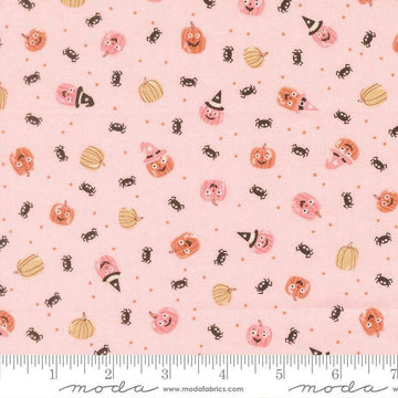 Image of Purrs and Boos Friendly Pumpkins and Spiders Purrfect Pink quilting cotton fabric by Elena Amo for Moda Fabrics. Features pumpkins and spiders on a pink background. Cute Little Fabric Shop.