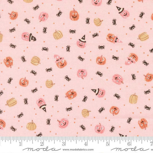 Image of Purrs and Boos Friendly Pumpkins and Spiders Purrfect Pink quilting cotton fabric by Elena Amo for Moda Fabrics. Features pumpkins and spiders on a pink background. Cute Little Fabric Shop.