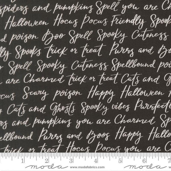 Image of Purrs and Boos Happy Halloween Lettering Black Cat quilting cotton fabric by Elena Amo for Moda Fabrics. Features text on a black background. Cute Little Fabric Shop.