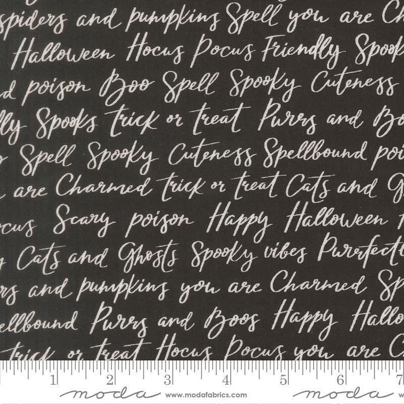 Image of Purrs and Boos Happy Halloween Lettering Black Cat quilting cotton fabric by Elena Amo for Moda Fabrics. Features text on a black background. Cute Little Fabric Shop.