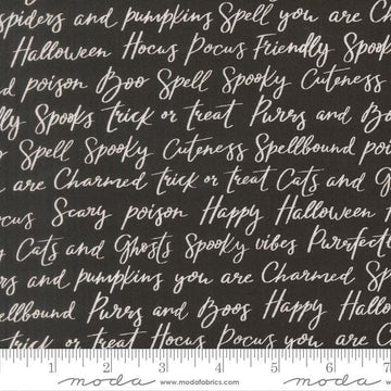 Image of Purrs and Boos Happy Halloween Lettering Black Cat quilting cotton fabric by Elena Amo for Moda Fabrics. Features text on a black background. Cute Little Fabric Shop.