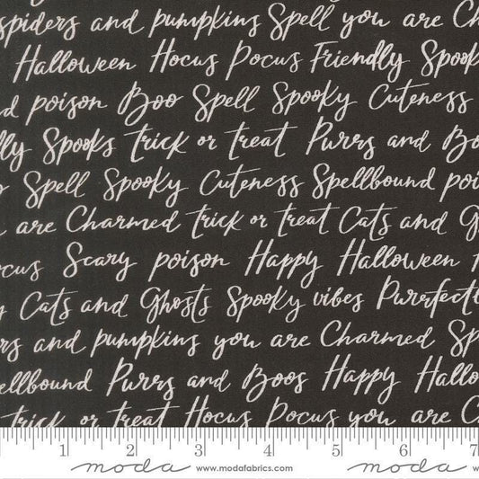 Image of Purrs and Boos Happy Halloween Lettering Black Cat quilting cotton fabric by Elena Amo for Moda Fabrics. Features text on a black background. Cute Little Fabric Shop.