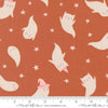 Image of Purrs and Boos Ghost Spice quilting cotton fabric by Elena Amo for Moda Fabrics. Features ghosts and stars on an orange background. Cute Little Fabric Shop.