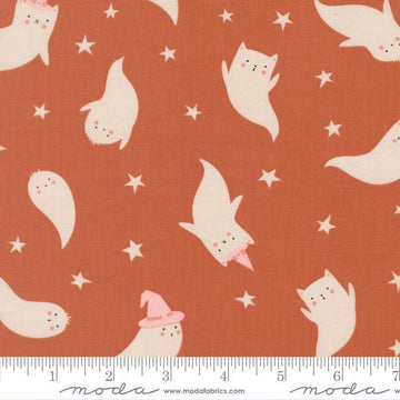 Image of Purrs and Boos Ghost Spice quilting cotton fabric by Elena Amo for Moda Fabrics. Features ghosts and stars on an orange background. Cute Little Fabric Shop.
