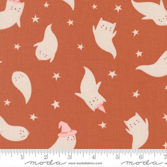 Image of Purrs and Boos Ghost Spice quilting cotton fabric by Elena Amo for Moda Fabrics. Features ghosts and stars on an orange background. Cute Little Fabric Shop.