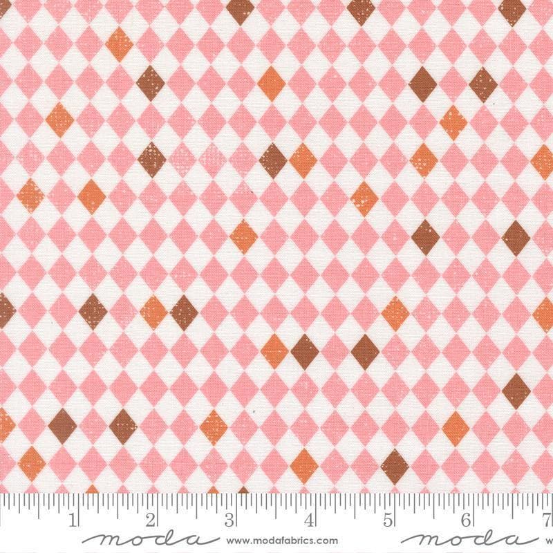Image of Purrs and Boos Harlequin Candy quilting cotton fabric by Elena Amo for Moda Fabrics. Features harlequin on a pink background. Cute Little Fabric Shop.