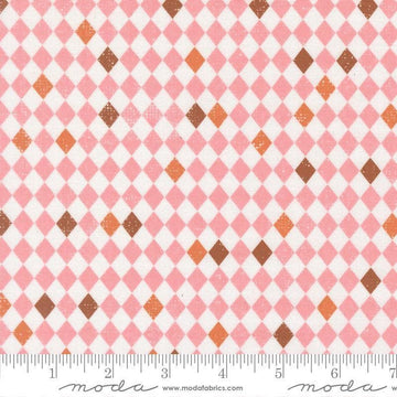 Image of Purrs and Boos Harlequin Candy quilting cotton fabric by Elena Amo for Moda Fabrics. Features harlequin on a pink background. Cute Little Fabric Shop.