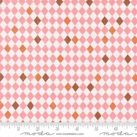 Image of Purrs and Boos Harlequin Candy quilting cotton fabric by Elena Amo for Moda Fabrics. Features harlequin on a pink background. Cute Little Fabric Shop.