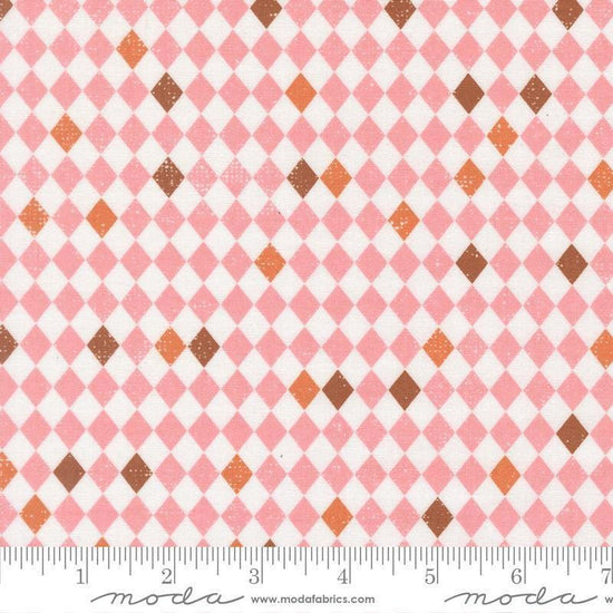 Image of Purrs and Boos Harlequin Candy quilting cotton fabric by Elena Amo for Moda Fabrics. Features harlequin on a pink background. Cute Little Fabric Shop.