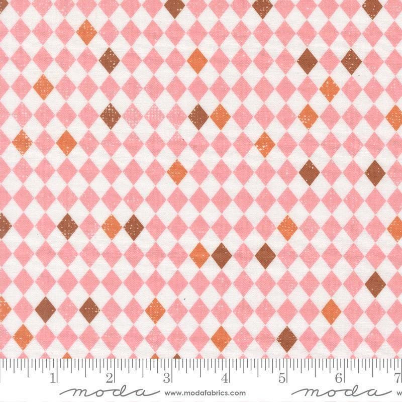 Image of Purrs and Boos Harlequin Candy quilting cotton fabric by Elena Amo for Moda Fabrics. Features harlequin on a pink background. Cute Little Fabric Shop.