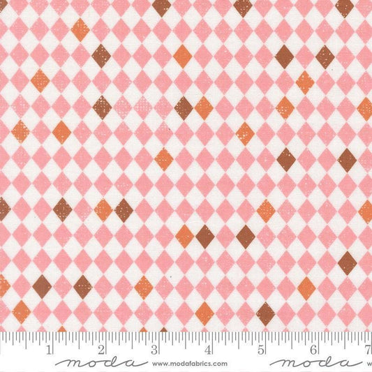Image of Purrs and Boos Harlequin Candy quilting cotton fabric by Elena Amo for Moda Fabrics. Features harlequin on a pink background. Cute Little Fabric Shop.