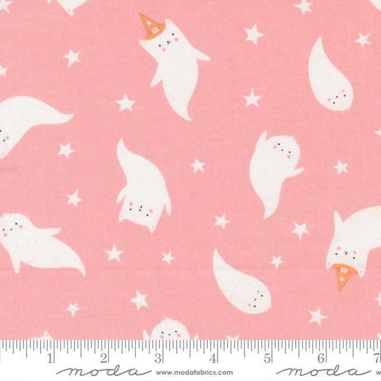Image of Purrs and Boos Ghost Candy quilting cotton fabric by Elena Amo for Moda Fabrics. Features ghosts and stars on a pink background. Cute Little Fabric Shop.