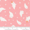 Image of Purrs and Boos Ghost Candy quilting cotton fabric by Elena Amo for Moda Fabrics. Features ghosts and stars on a pink background. Cute Little Fabric Shop.