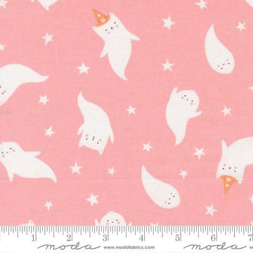 Image of Purrs and Boos Ghost Candy quilting cotton fabric by Elena Amo for Moda Fabrics. Features ghosts and stars on a pink background. Cute Little Fabric Shop.