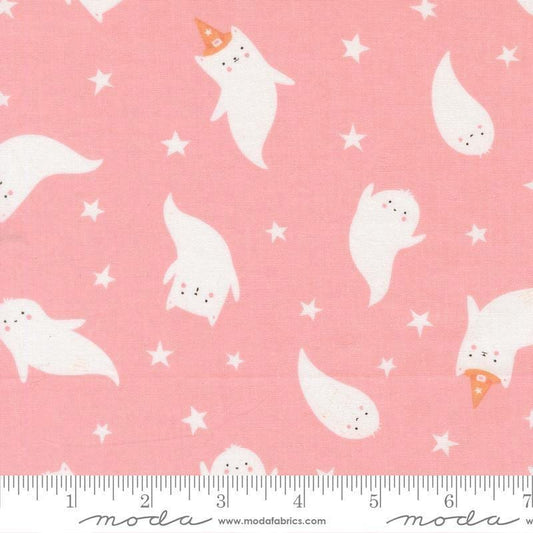Image of Purrs and Boos Ghost Candy quilting cotton fabric by Elena Amo for Moda Fabrics. Features ghosts and stars on a pink background. Cute Little Fabric Shop.