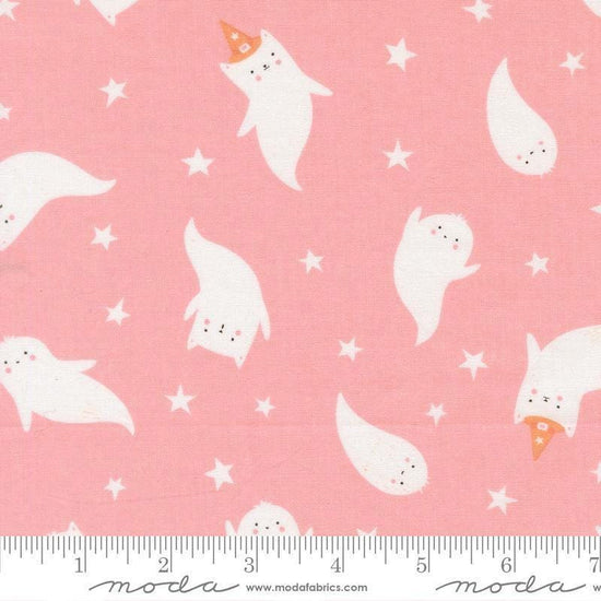 Image of Purrs and Boos Ghost Candy quilting cotton fabric by Elena Amo for Moda Fabrics. Features ghosts and stars on a pink background. Cute Little Fabric Shop.