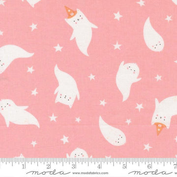 Image of Purrs and Boos Ghost Candy quilting cotton fabric by Elena Amo for Moda Fabrics. Features ghosts and stars on a pink background. Cute Little Fabric Shop.