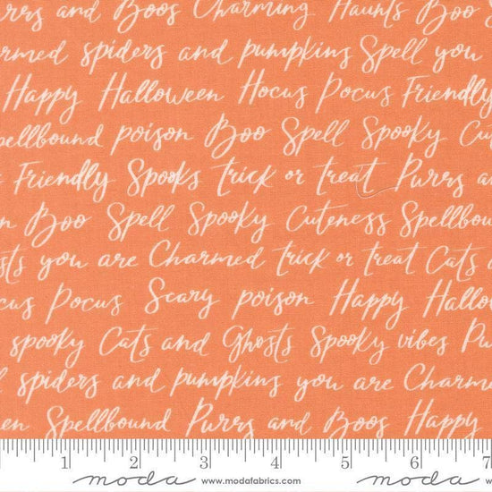 Image of Purrs and Boos Happy Halloween Lettering Pumpkin quilting cotton fabric by Elena Amo for Moda Fabrics. Features text on an orange background. Cute Little Fabric Shop.