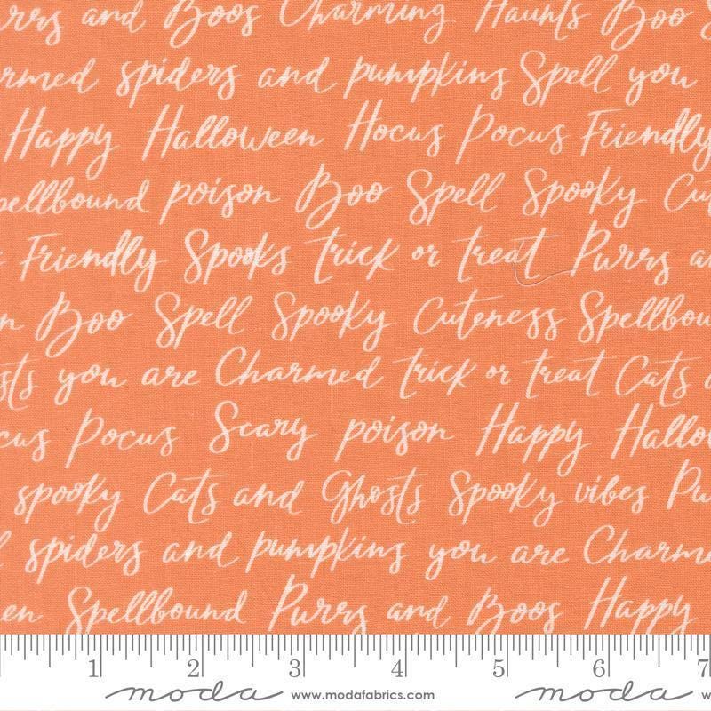 Image of Purrs and Boos Happy Halloween Lettering Pumpkin quilting cotton fabric by Elena Amo for Moda Fabrics. Features text on an orange background. Cute Little Fabric Shop.
