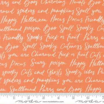 Image of Purrs and Boos Happy Halloween Lettering Pumpkin quilting cotton fabric by Elena Amo for Moda Fabrics. Features text on an orange background. Cute Little Fabric Shop.