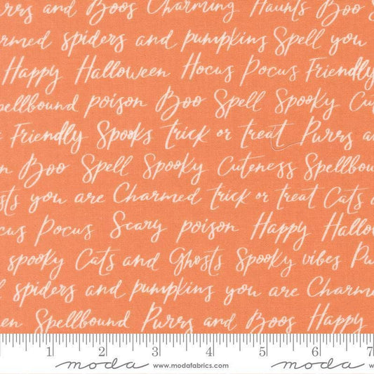 Image of Purrs and Boos Happy Halloween Lettering Pumpkin quilting cotton fabric by Elena Amo for Moda Fabrics. Features text on an orange background. Cute Little Fabric Shop.