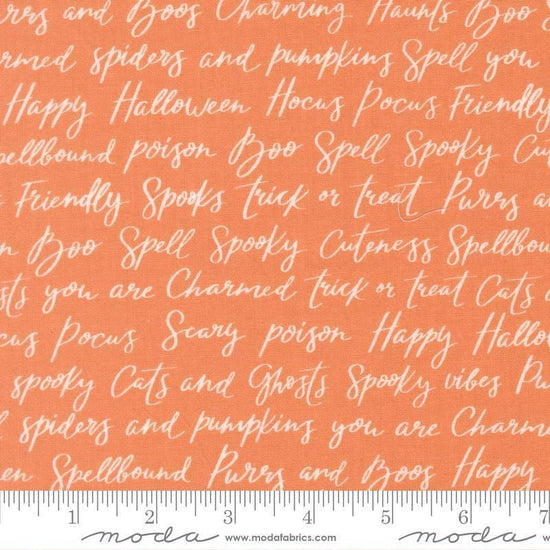Image of Purrs and Boos Happy Halloween Lettering Pumpkin quilting cotton fabric by Elena Amo for Moda Fabrics. Features text on an orange background. Cute Little Fabric Shop.