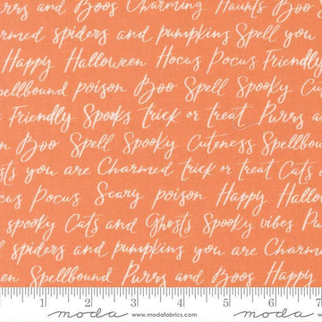 Image of Purrs and Boos Happy Halloween Lettering Pumpkin quilting cotton fabric by Elena Amo for Moda Fabrics. Features text on an orange background. Cute Little Fabric Shop.
