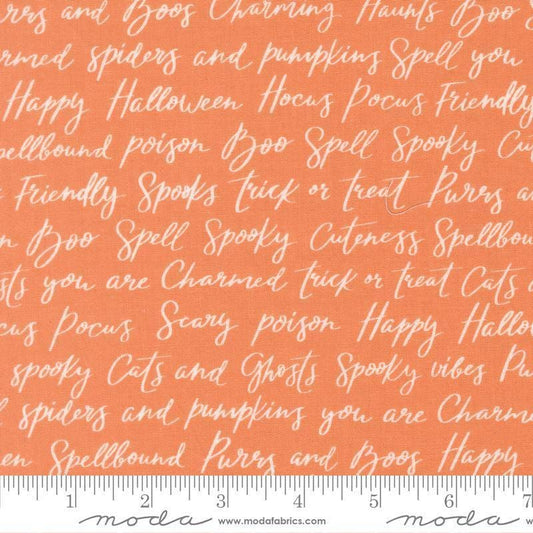 Image of Purrs and Boos Happy Halloween Lettering Pumpkin quilting cotton fabric by Elena Amo for Moda Fabrics. Features text on an orange background. Cute Little Fabric Shop.