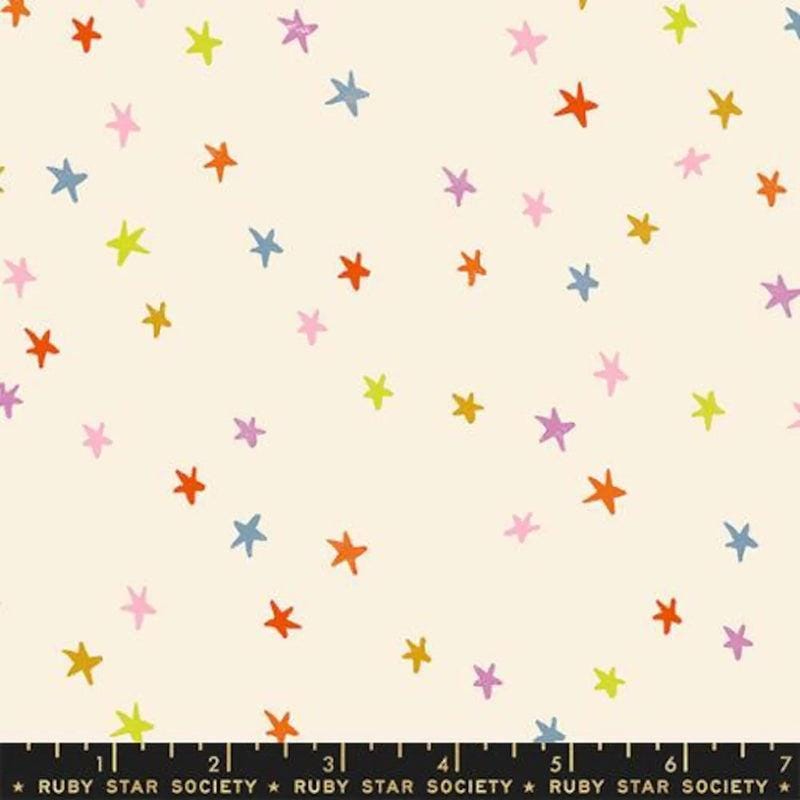 Image of Freaky Familiars Starry Basics Spooky Natural quilting cotton fabric by Ruby Star Society for Moda Fabrics. Features stars on a cream background. Cute Little Fabric Shop.