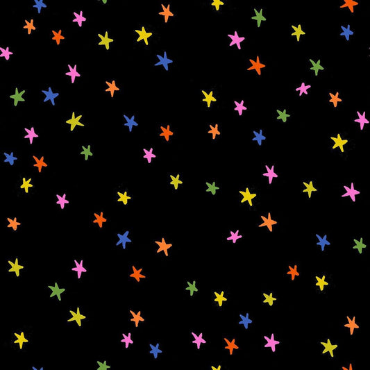 Image of Freaky Familiars Starry Basics Spooky Black quilting cotton fabric by Ruby Star Society for Moda Fabrics. Features stars on a black background. Cute Little Fabric Shop.