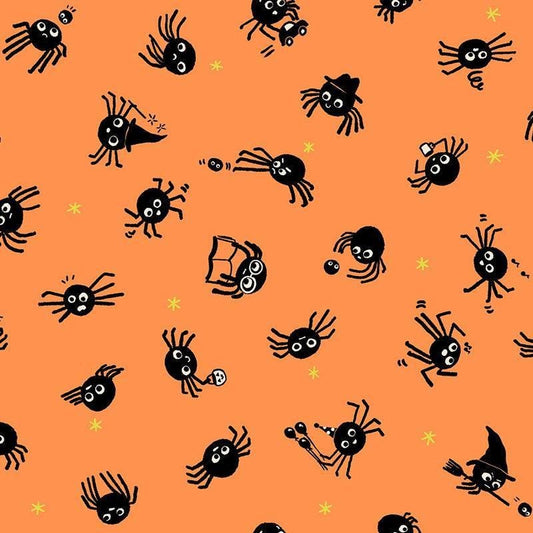 Image of Freaky Familiars Spider Sense Pumpkin quilting cotton fabric by Ruby Star Society for Moda Fabrics. Features spiders on an orange background. Cute Little Fabric Shop.