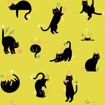 Image of Freaky Familiars Catwalk Citron quilting cotton fabric by Ruby Star Society for Moda Fabrics. Features cats on a yellow background. Cute Little Fabric Shop.