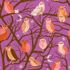 Image of Freaky Familiars Who Cooks For You Witchy quilting cotton fabric by Ruby Star Society for Moda Fabrics. Features owls on a purple background. Cute Little Fabric Shop.