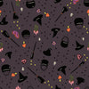 Image of Freaky Familiars Witchy Woman Eggplant quilting cotton fabric by Ruby Star Society for Moda Fabrics. Features witch accessories on a gray background. Cute Little Fabric Shop.