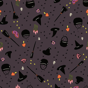 Image of Freaky Familiars Witchy Woman Eggplant quilting cotton fabric by Ruby Star Society for Moda Fabrics. Features witch accessories on a gray background. Cute Little Fabric Shop.