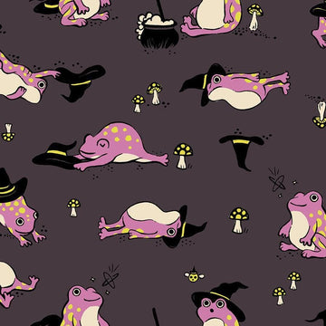 Image of Freaky Familiars Frogmiliars Eggplant quilting cotton fabric by Ruby Star Society for Moda Fabrics. Features frogs on a gray background. Cute Little Fabric Shop.