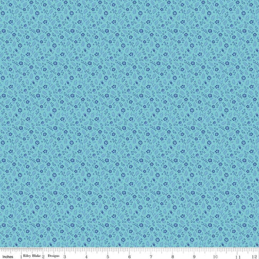 Image of Kipling Gardens Ellington Blue quilting cotton fabric by Lily Ashbury for Riley Blake Designs. Features flowers on a blue background. Cute Little Fabric Shop.