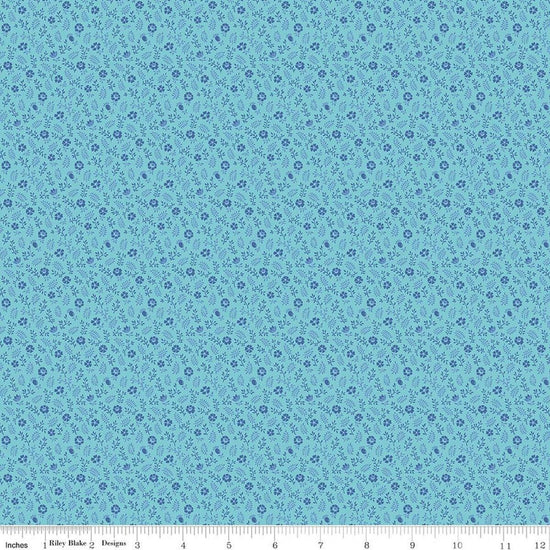 Image of Kipling Gardens Ellington Blue quilting cotton fabric by Lily Ashbury for Riley Blake Designs. Features flowers on a blue background. Cute Little Fabric Shop.