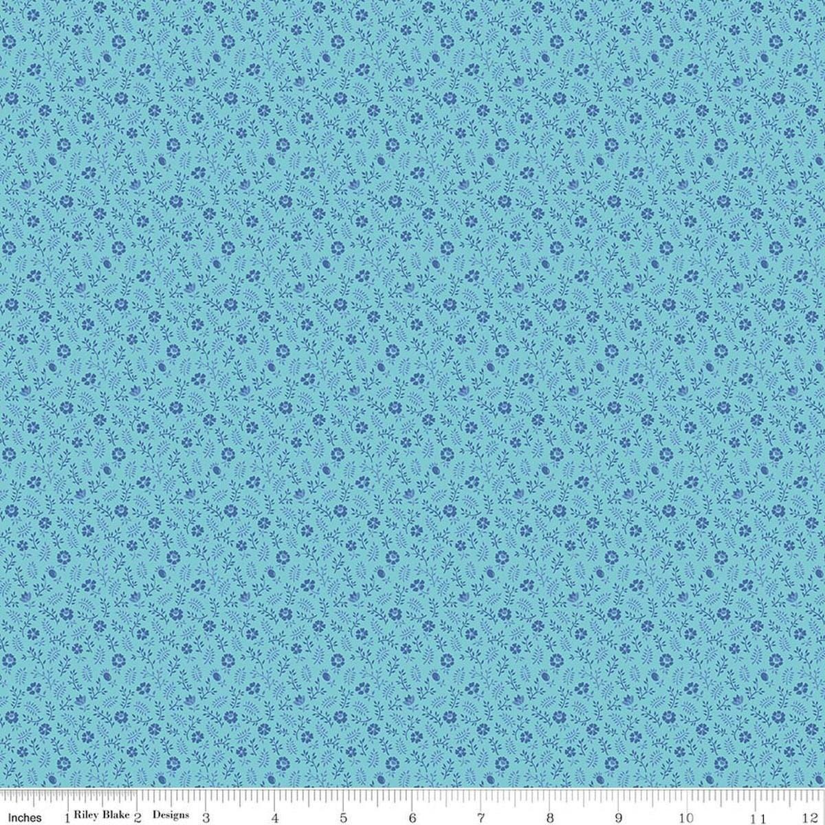 Image of Kipling Gardens Ellington Blue quilting cotton fabric by Lily Ashbury for Riley Blake Designs. Features flowers on a blue background. Cute Little Fabric Shop.