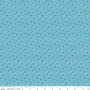Image of Kipling Gardens Ellington Blue quilting cotton fabric by Lily Ashbury for Riley Blake Designs. Features flowers on a blue background. Cute Little Fabric Shop.