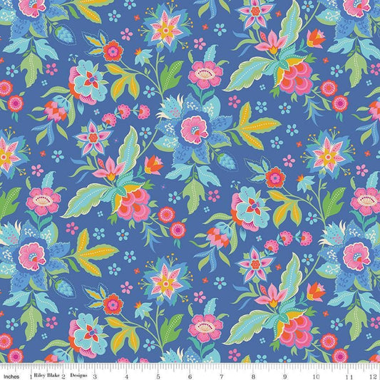 Image of Kipling Gardens Main Blueberry quilting cotton fabric by Lily Ashbury for Riley Blake Designs. Features flowers on a blue background. Cute Little Fabric Shop.