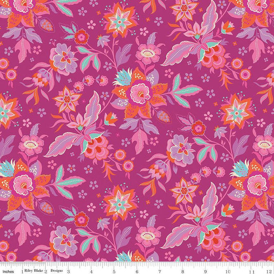 Image of Kipling Gardens Main Fuschia quilting cotton fabric by Lily Ashbury for Riley Blake Designs. Features flowers on a purple background. Cute Little Fabric Shop.