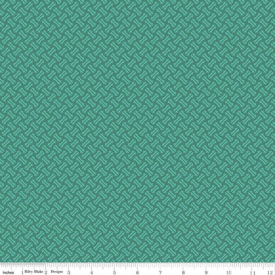 Image of Kipling Gardens Loxley Jade quilting cotton fabric by Lily Ashbury for Riley Blake Designs. Features a geometric pattern on a green background. Cute Little Fabric Shop.