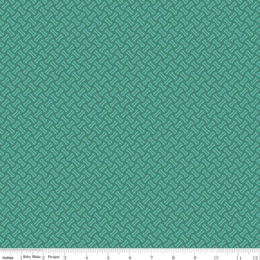 Image of Kipling Gardens Loxley Jade quilting cotton fabric by Lily Ashbury for Riley Blake Designs. Features a geometric pattern on a green background. Cute Little Fabric Shop.