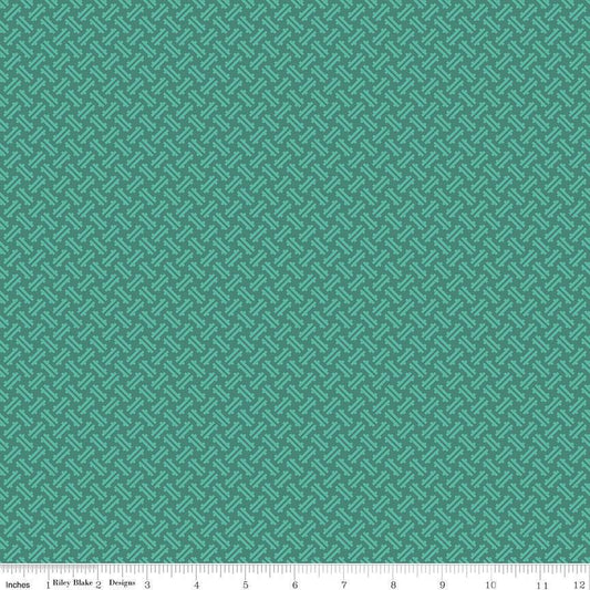 Image of Kipling Gardens Loxley Jade quilting cotton fabric by Lily Ashbury for Riley Blake Designs. Features a geometric pattern on a green background. Cute Little Fabric Shop.