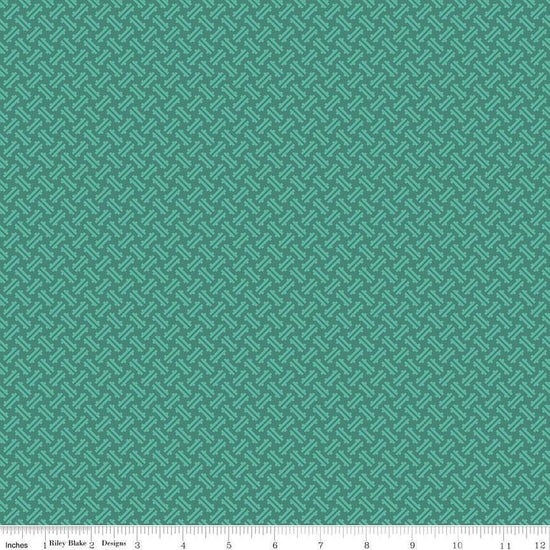 Image of Kipling Gardens Loxley Jade quilting cotton fabric by Lily Ashbury for Riley Blake Designs. Features a geometric pattern on a green background. Cute Little Fabric Shop.