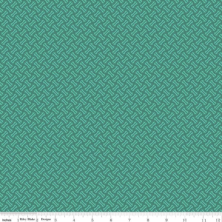 Image of Kipling Gardens Loxley Jade quilting cotton fabric by Lily Ashbury for Riley Blake Designs. Features a geometric pattern on a green background. Cute Little Fabric Shop.