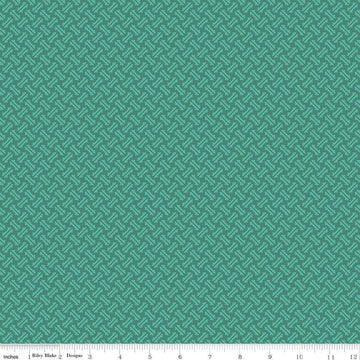 Image of Kipling Gardens Loxley Jade quilting cotton fabric by Lily Ashbury for Riley Blake Designs. Features a geometric pattern on a green background. Cute Little Fabric Shop.