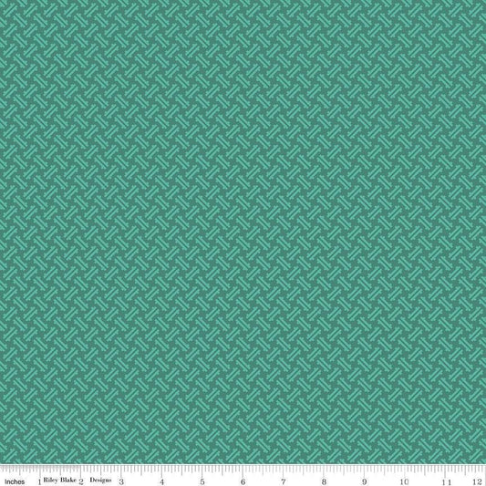 Image of Kipling Gardens Loxley Jade quilting cotton fabric by Lily Ashbury for Riley Blake Designs. Features a geometric pattern on a green background. Cute Little Fabric Shop.