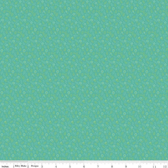 Image of Kipling Gardens Ellington Teal quilting cotton fabric by Lily Ashbury for Riley Blake Designs. Features flowers on a green background. Cute Little Fabric Shop.